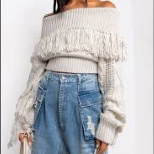 GIRL NEXT DOOR OFF SHOULDER FRINGE SWEATER S